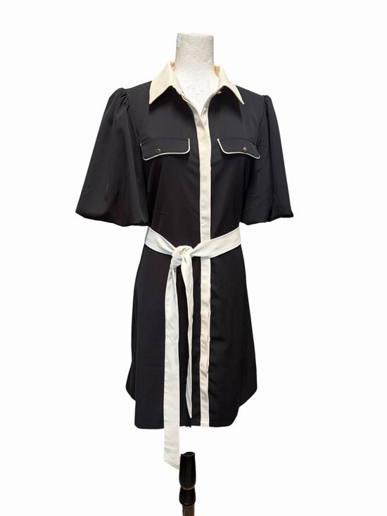 Karen Millen Dresses & Skirts - NWOT Karen Millen Belted Twill Dress Black Cream Piping Puff Sleeve US 12